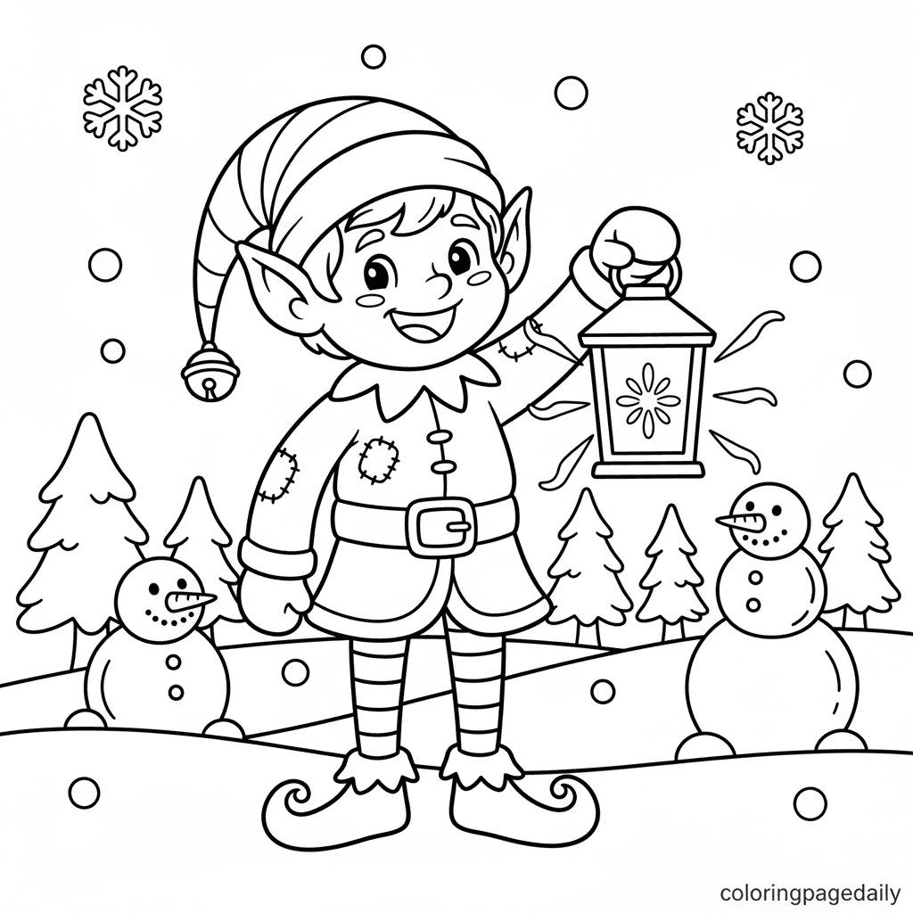Elf Holding a Lantern - Daily printable coloring page in Kids - Christmas category
