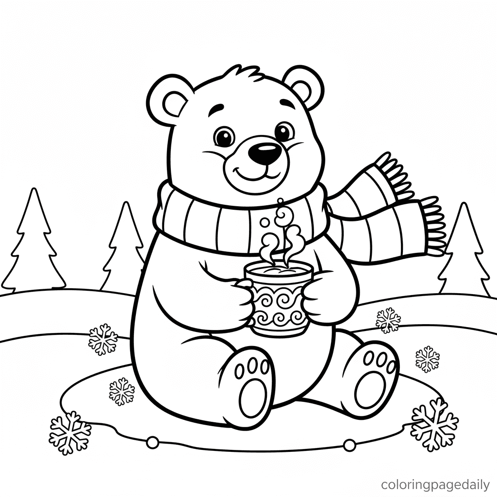 Polar Bear with Cocoa - Daily printable coloring page in Kids - Winter and Snow Season category