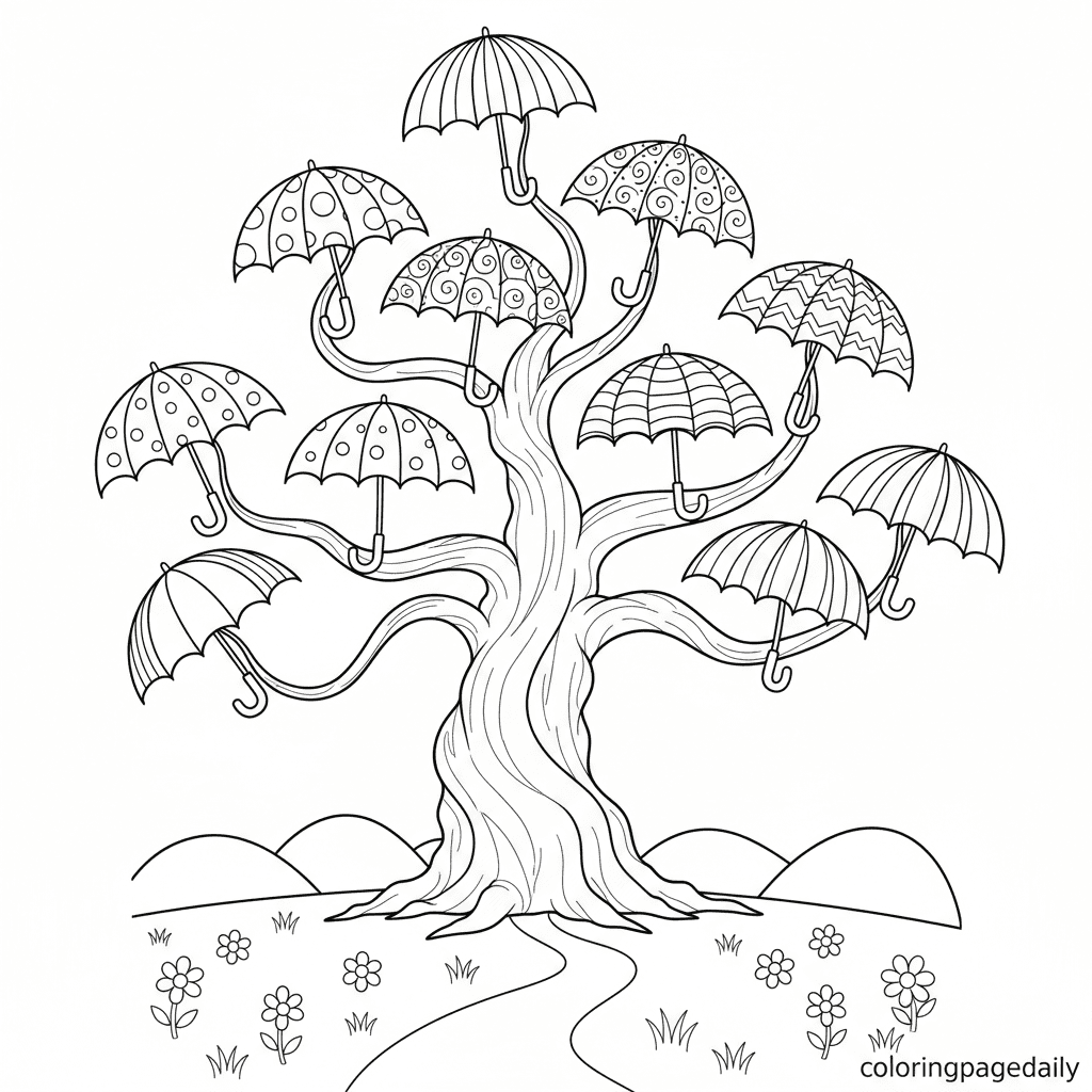 The Giant Umbrella Tree - Daily printable coloring page in Kids - Scenery category