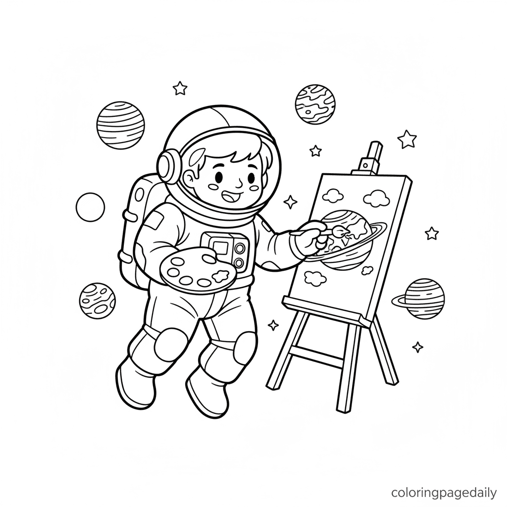 Astronaut Painting the Stars - Daily printable coloring page in Kids - Space category