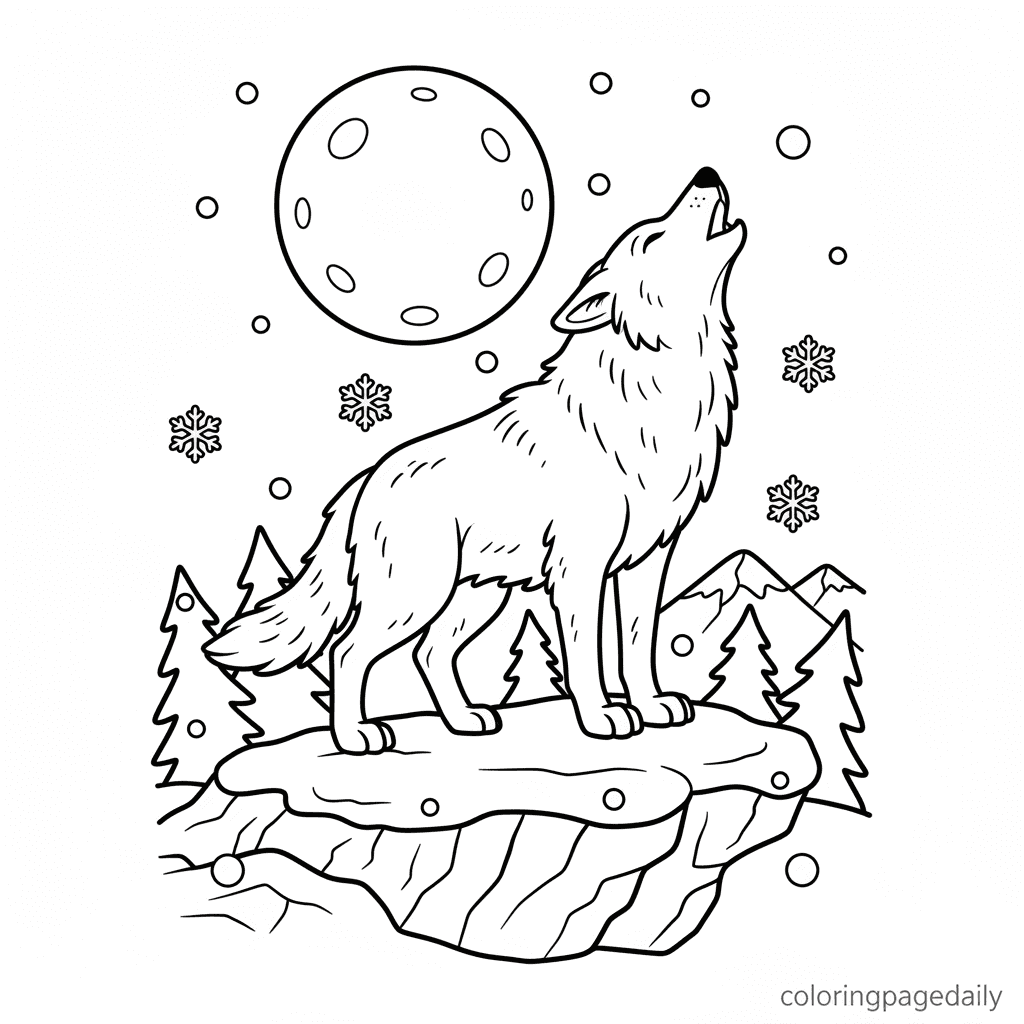 Arctic Wolf Howling at Moon - Daily printable coloring page in Kids - Winter and Snow Season category