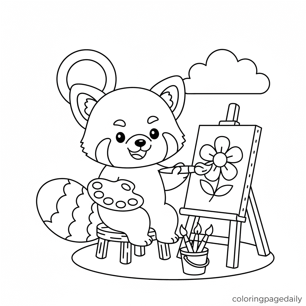 Red Panda Artist Painting - Daily printable coloring page in Kids - Animals category