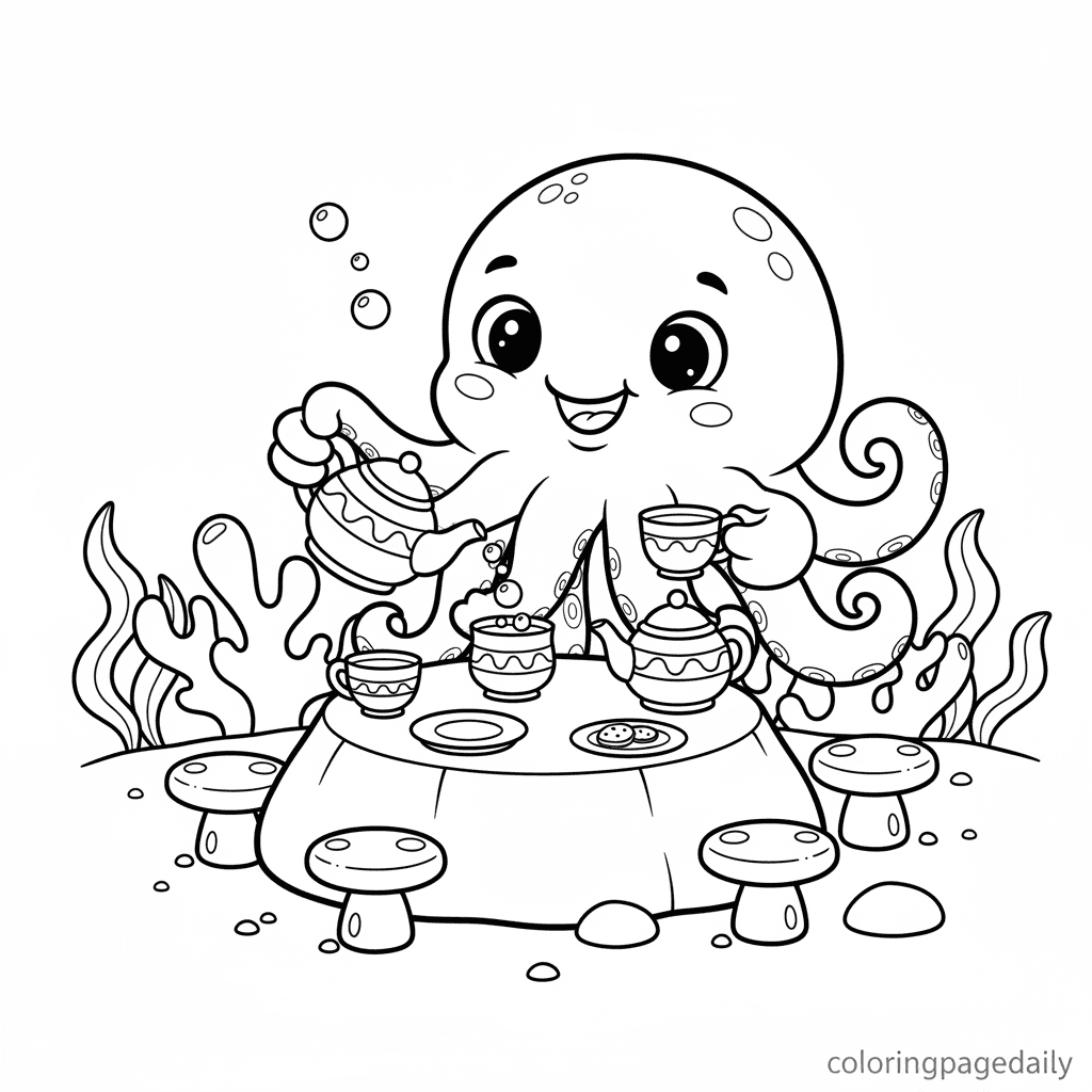 Baby Kraken's Tea Party - Daily printable coloring page in Kids - Mythical Creature category