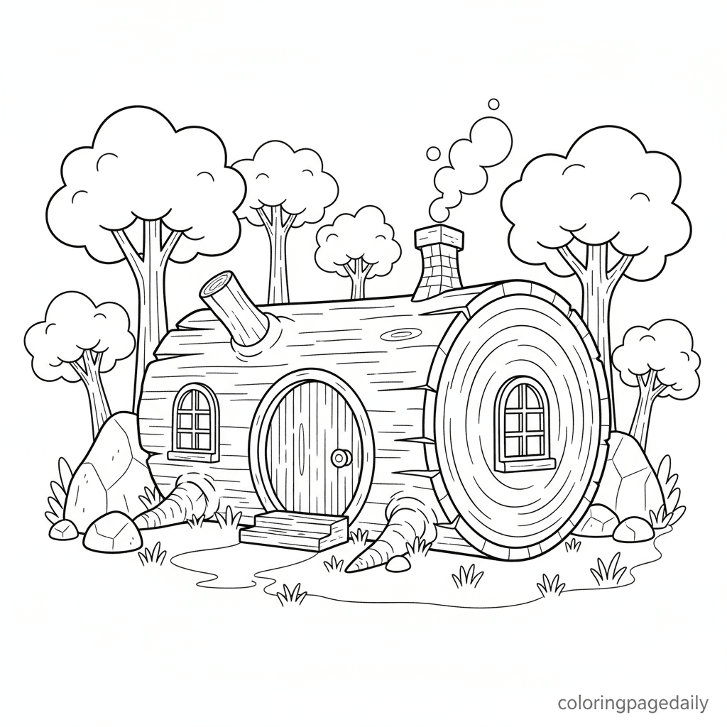 Cozy Hollow Log Home - Daily printable coloring page in Kids - Scenery category