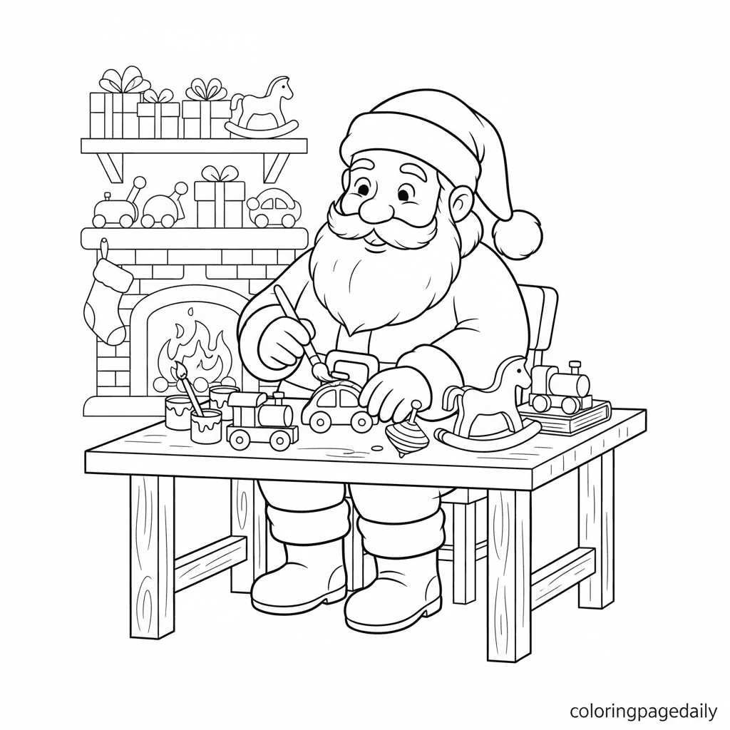 Santa Making Wooden Toys - Daily printable coloring page in Kids - Christmas category