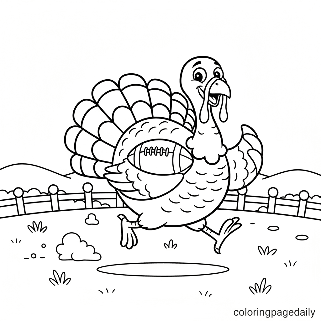 Turkey Playing Football - Daily printable coloring page in Kids - Thanksgiving category