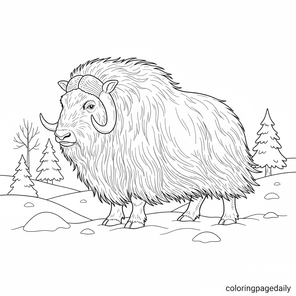 Musk Ox in the Snow - Daily printable coloring page in Kids - Winter and Snow Season category