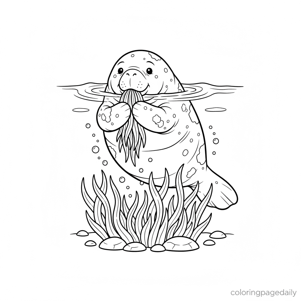 Manatee Eating Seagrass - Daily printable coloring page in Kids - Ocean and Underwater Life category