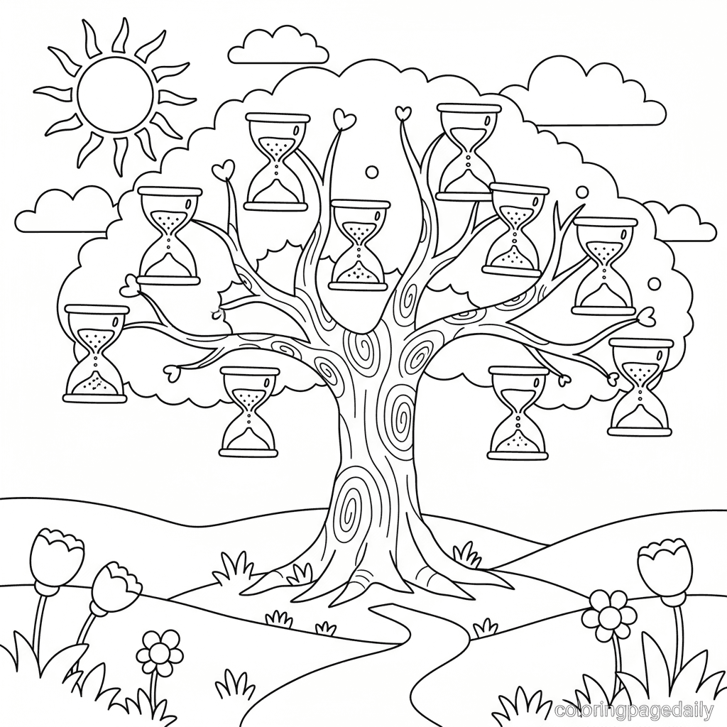 Magical Hourglass Tree - Daily printable coloring page in Kids - Scenery category