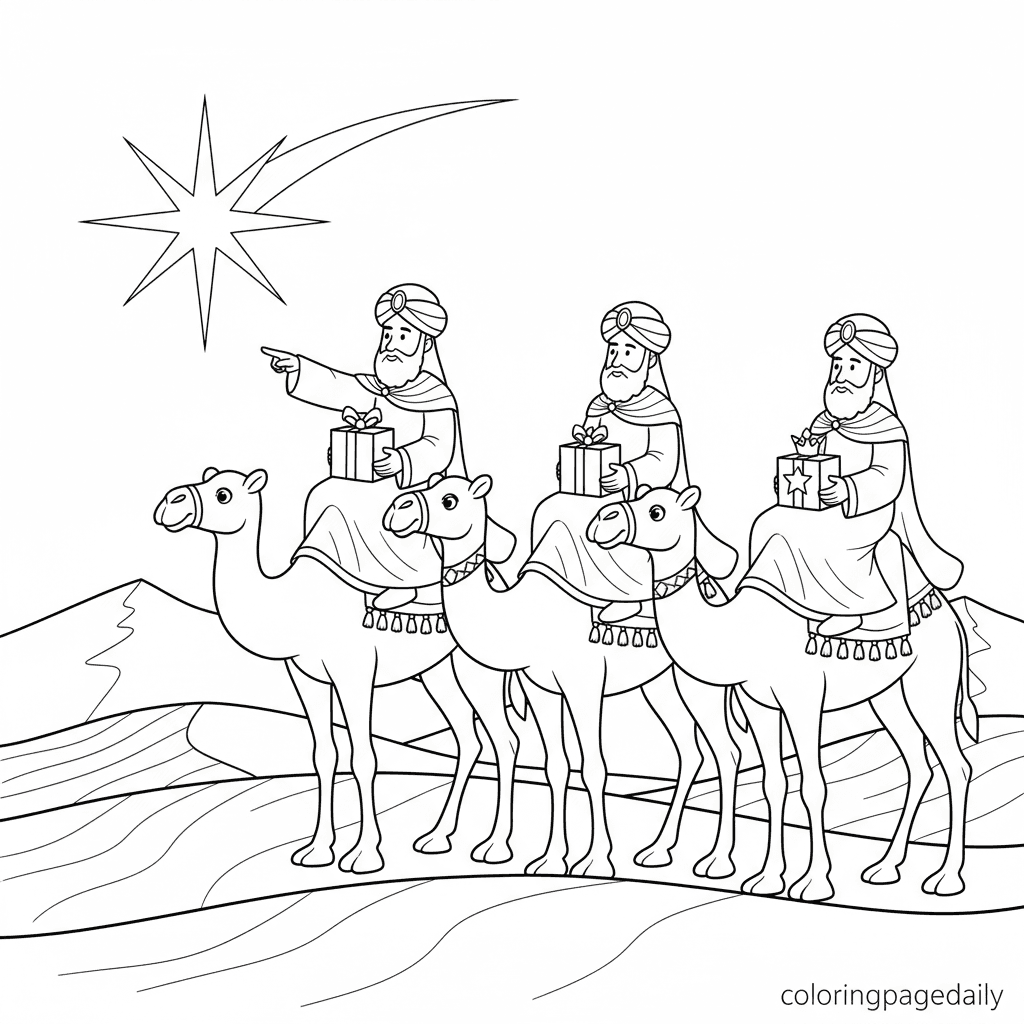 Three Wise Men Journey - Daily printable coloring page in Kids - Christmas category