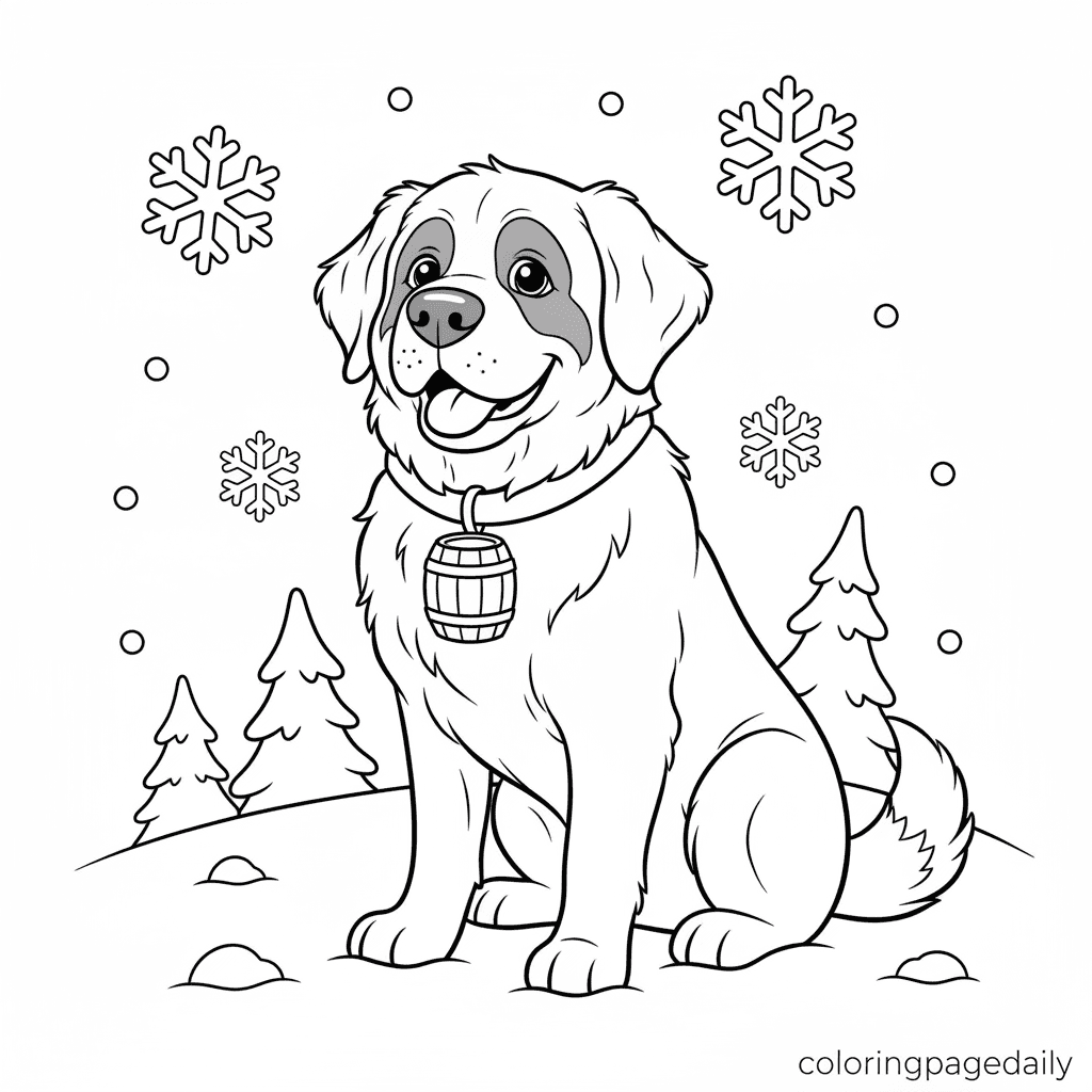 St. Bernard in Snow - Daily printable coloring page in Kids - Winter and Snow Season category