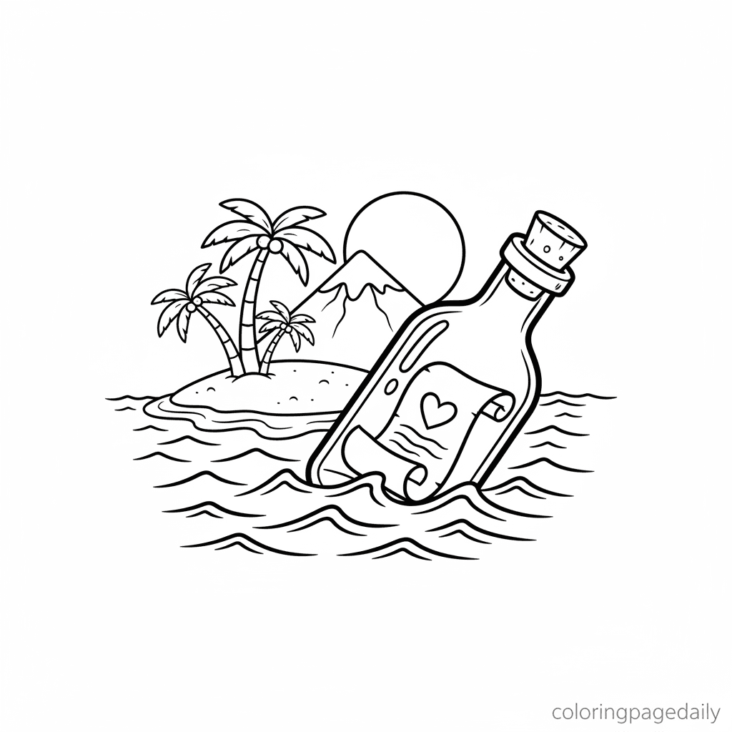 Message in a Bottle - Daily printable coloring page in Kids - Ocean and Underwater Life category