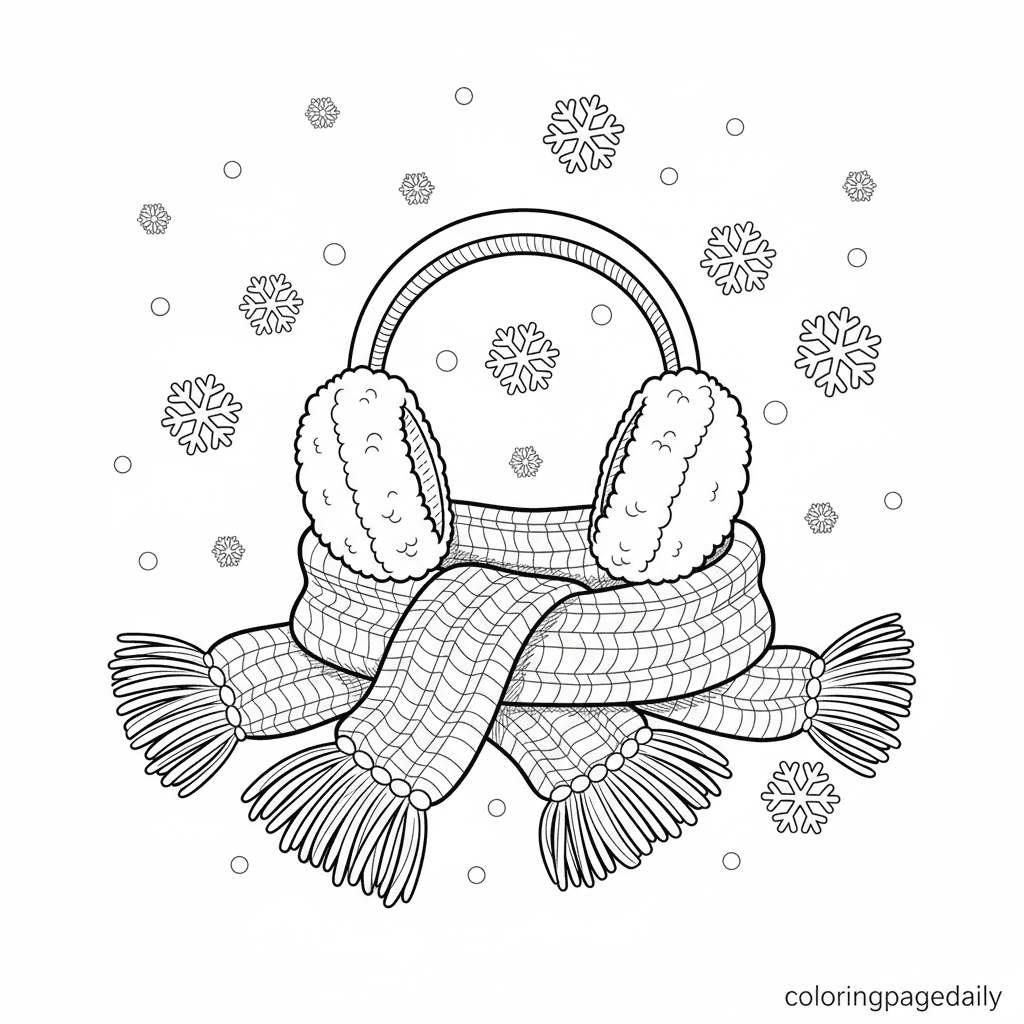 Cozy Earmuffs and Scarf - Daily printable coloring page in Kids - Winter and Snow Season category