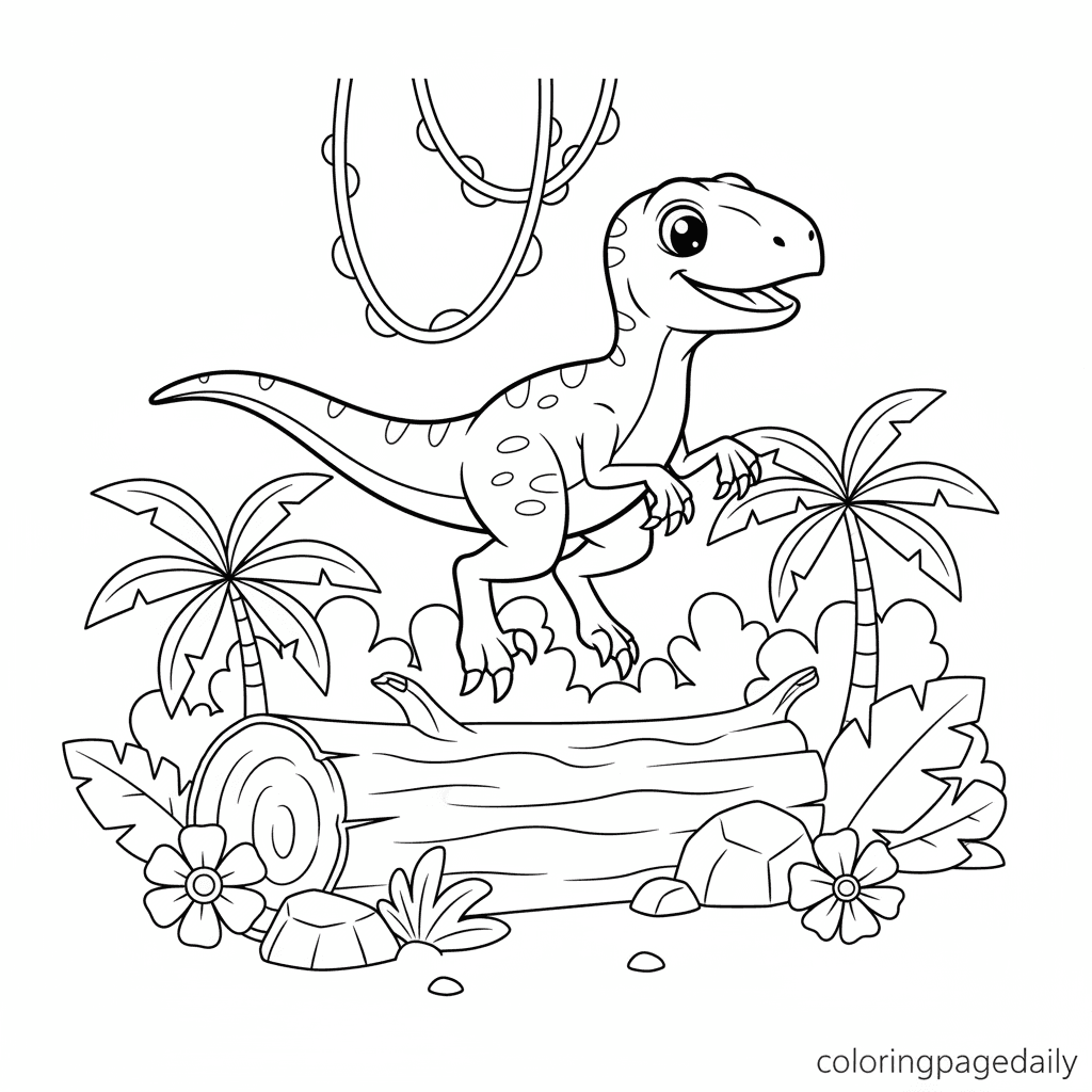 Velociraptor Leaping Log - Daily printable coloring page in Kids - Dinosaur category