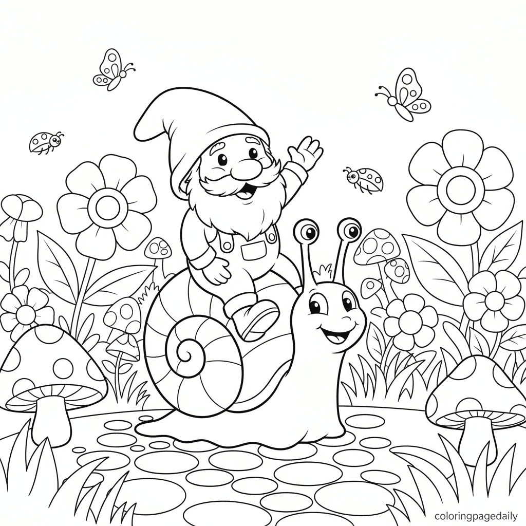 Gnome Riding a Snail - Daily printable coloring page in Kids - Mythical Creature category