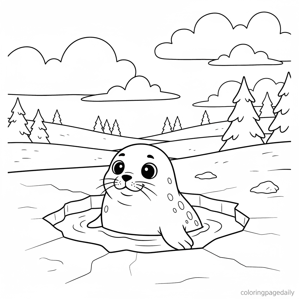 Seal Peeking from Ice - Daily printable coloring page in Kids - Winter and Snow Season category
