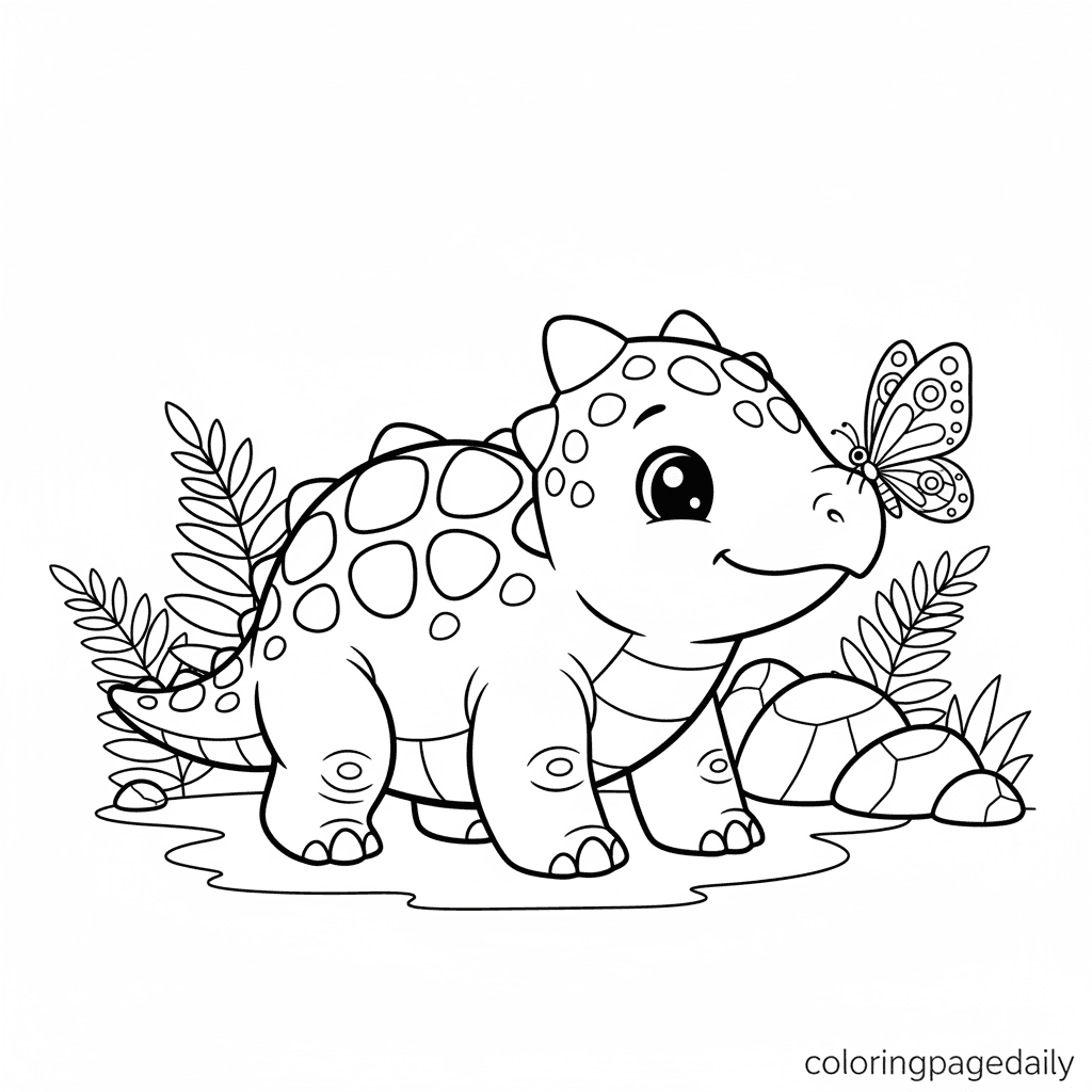 Ankylosaurus and the Butterfly - Daily printable coloring page in Kids - Dinosaur category