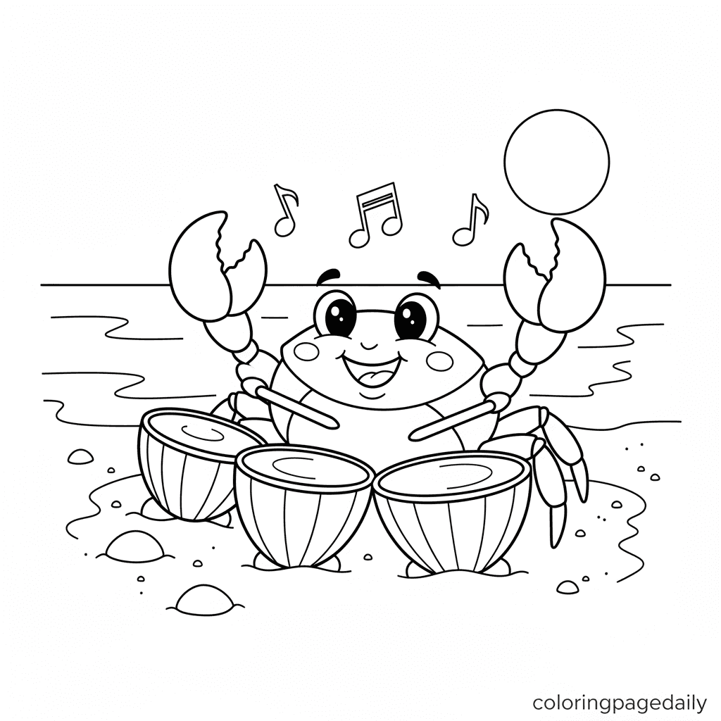Crab Playing Shell Drums - Daily printable coloring page in Kids - Ocean and Underwater Life category