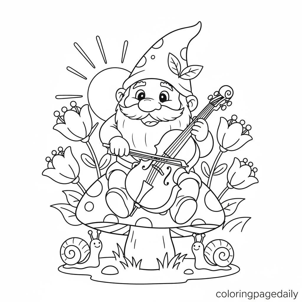 Gnome Playing Gourd Cello - Daily printable coloring page in Kids - Mythical Creature category