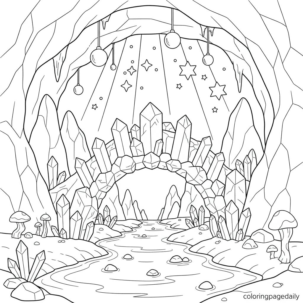 Magical Crystal Cave Bridge - Daily printable coloring page in Kids - Scenery category