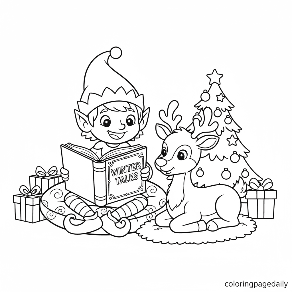 Elf Reading to Reindeer - Daily printable coloring page in Kids - Christmas category