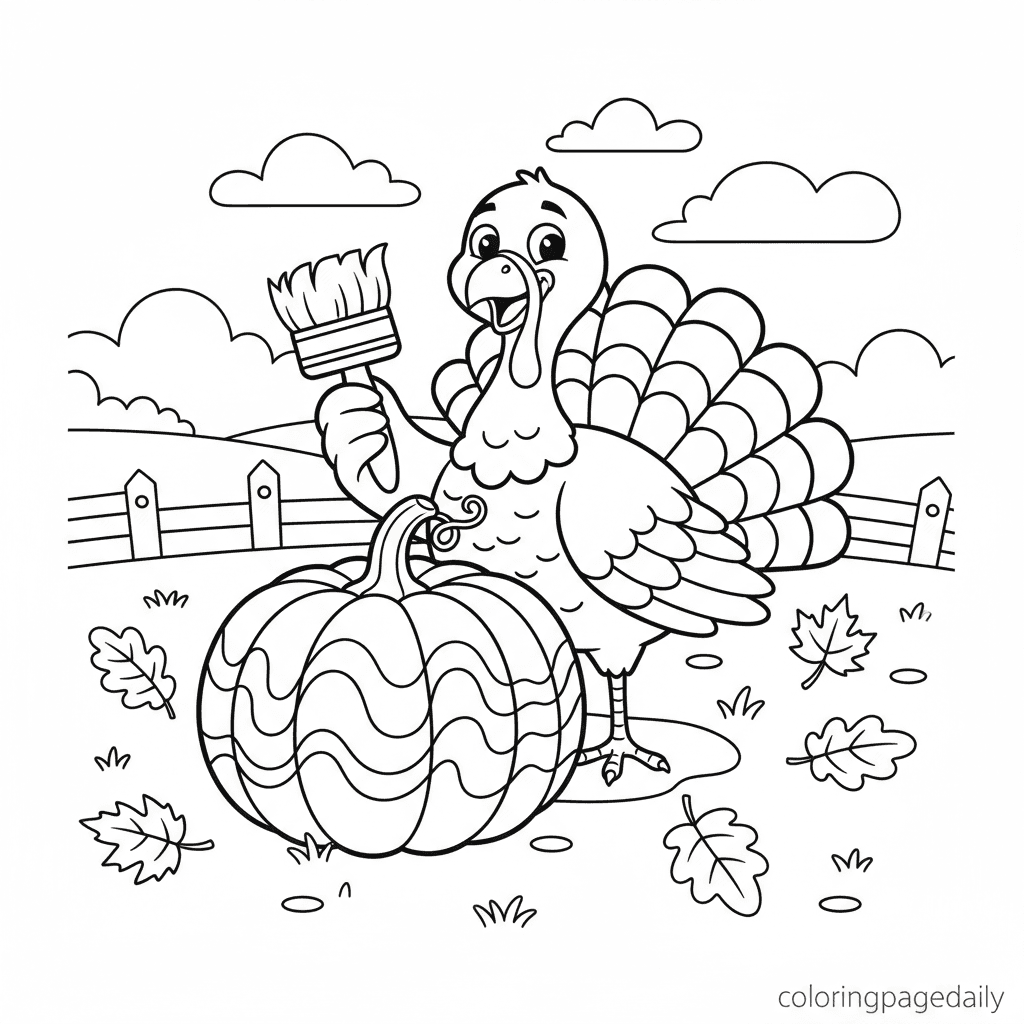 Turkey Painting a Pumpkin - Daily printable coloring page in Kids - Thanksgiving category
