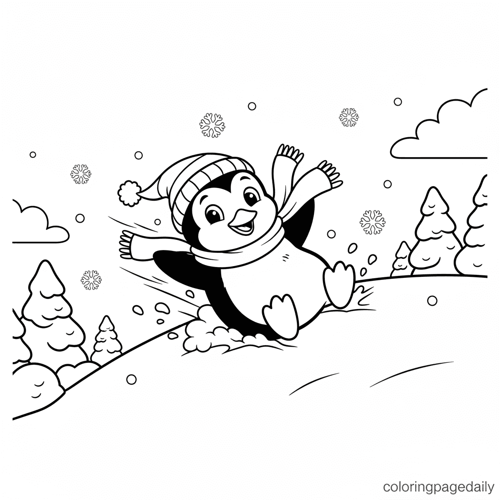 Penguin Sliding Down Hill - Daily printable coloring page in Kids - Winter and Snow Season category