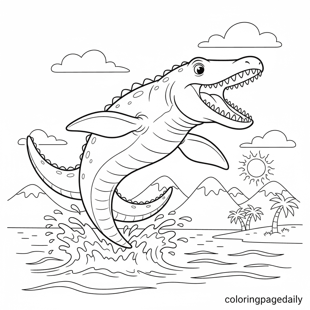 Mosasaurus Leaping from Ocean - Daily printable coloring page in Kids - Dinosaur category