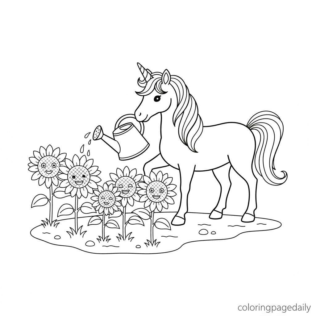 Unicorn Watering Sunflowers - Daily printable coloring page in Kids - Mythical Creature category