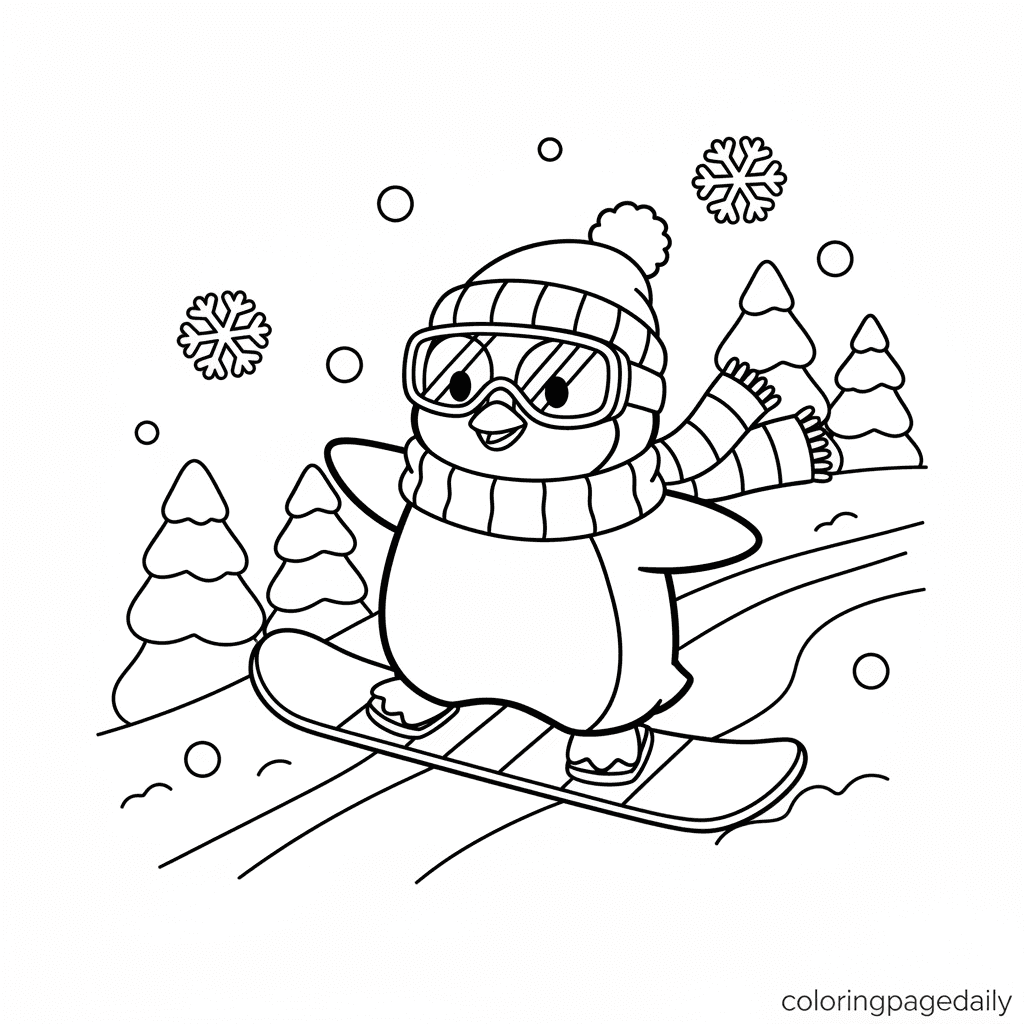 Penguin Snowboarding Adventure - Daily printable coloring page in Kids - Winter and Snow Season category