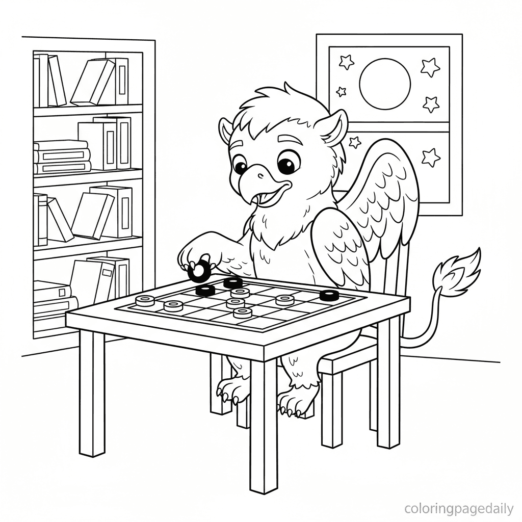 Griffin Playing Checkers - Daily printable coloring page in Kids - Mythical Creature category
