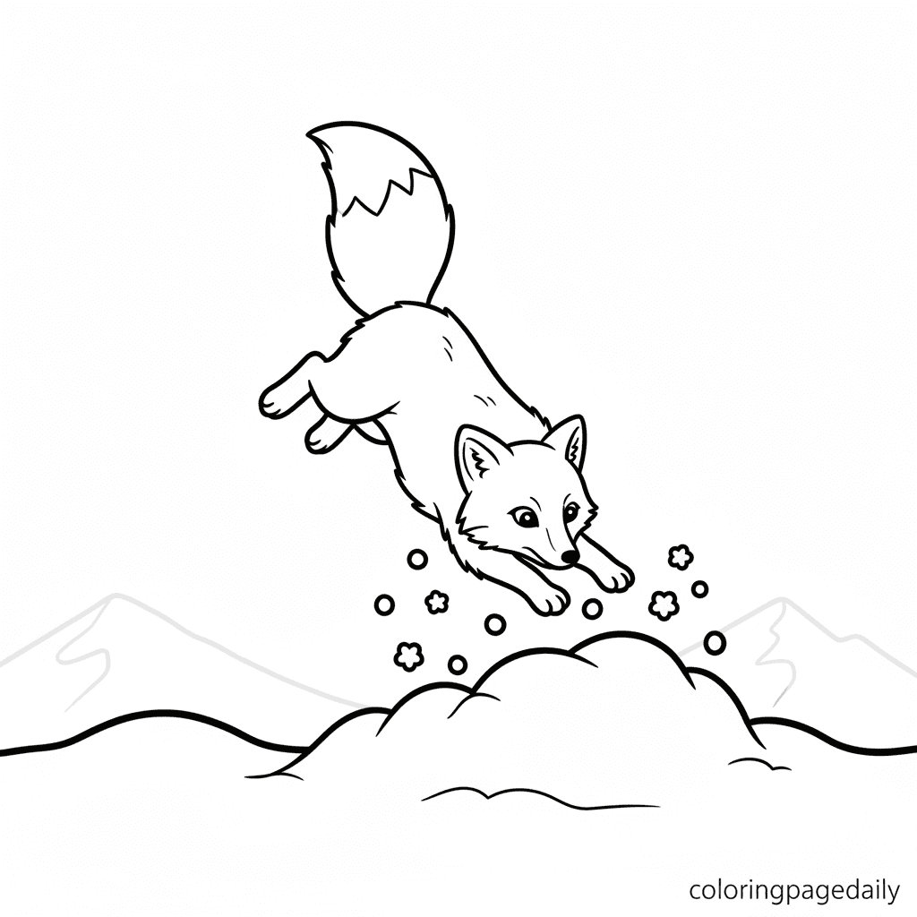 Arctic Fox Snow Dive - Daily printable coloring page in Kids - Winter and Snow Season category