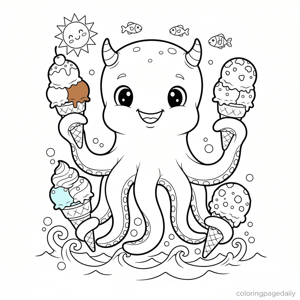 Kraken's Ice Cream Treat - Daily printable coloring page in Kids - Mythical Creature category