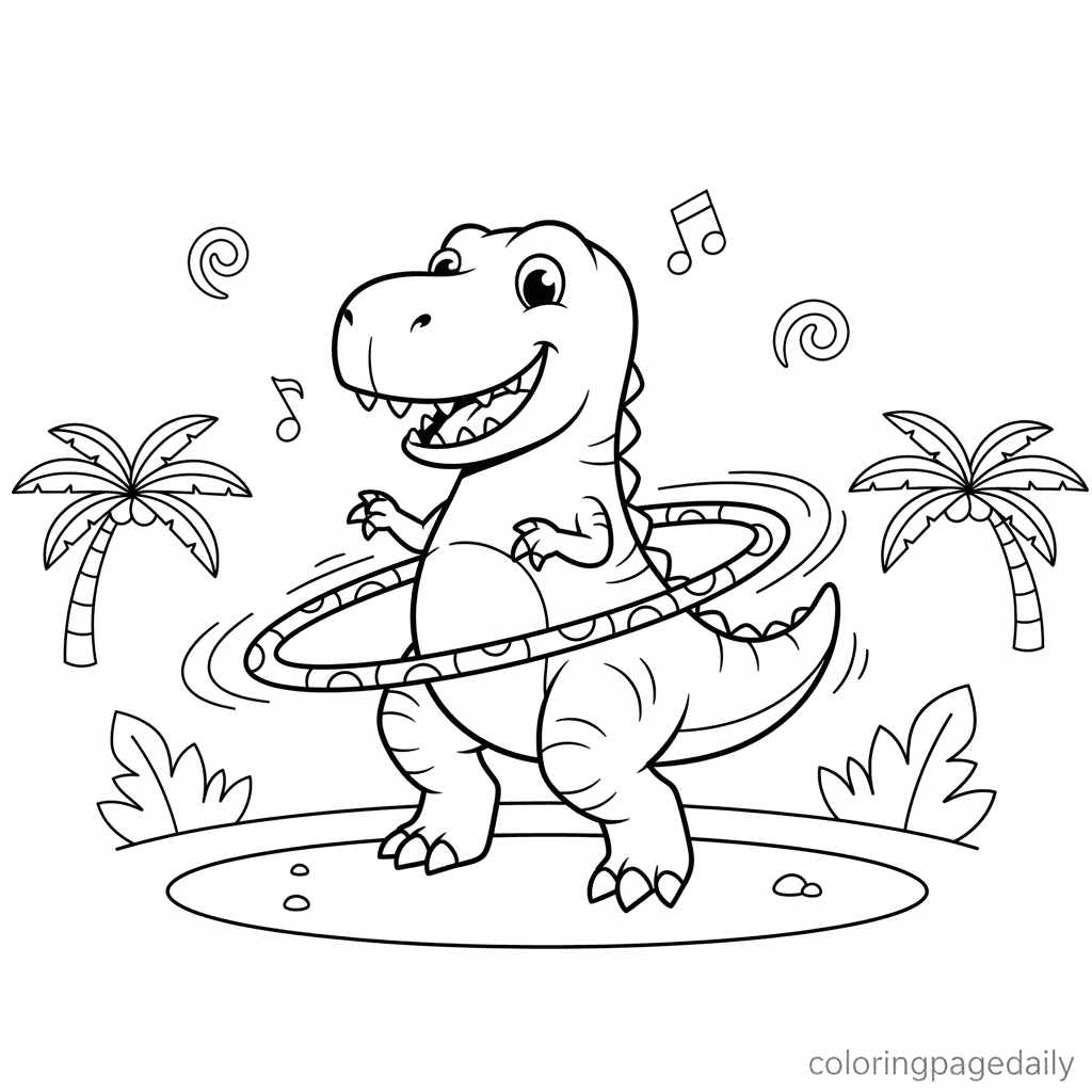 T-Rex Hula Hoop Fun - Daily printable coloring page in Kids - Dinosaur category