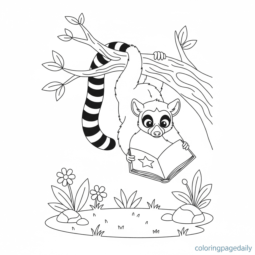 Lemur Reading a Book - Daily printable coloring page in Kids - Animals category