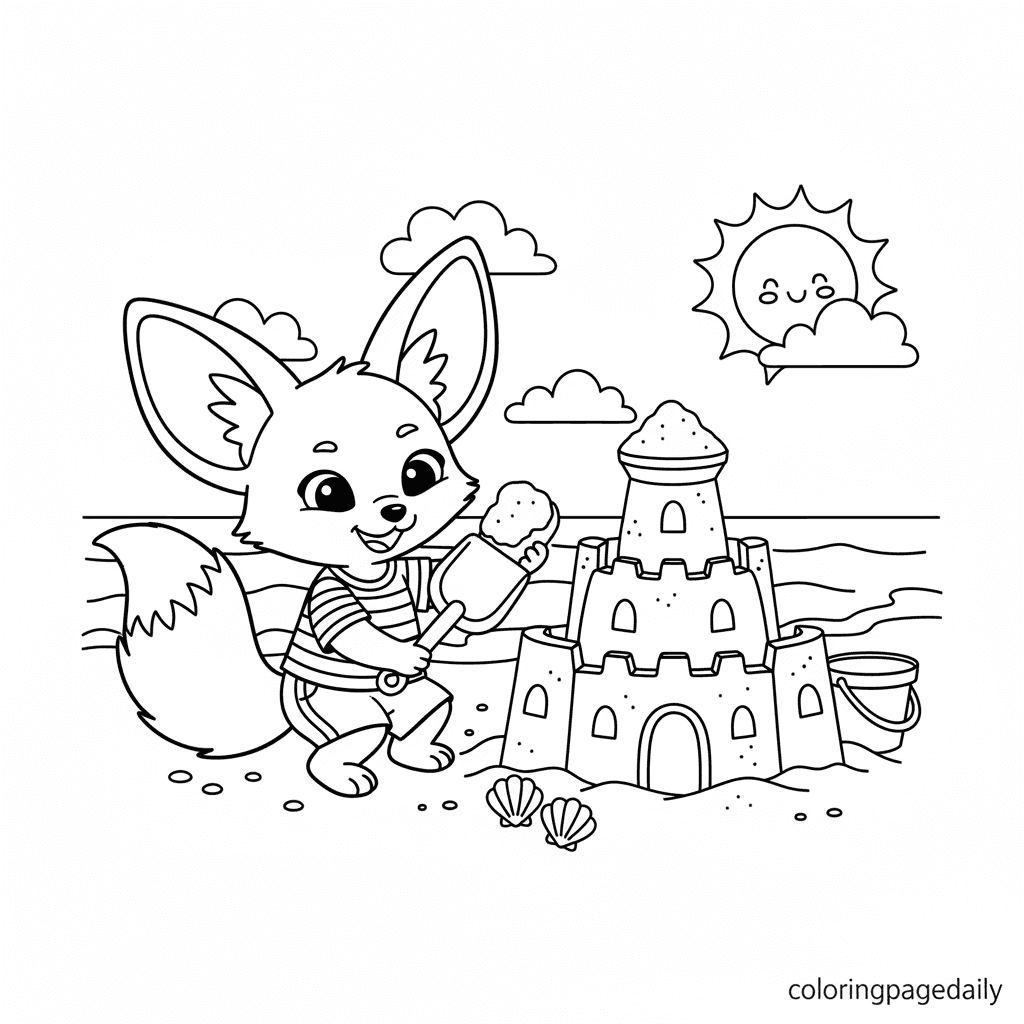 Fennec Fox Builds a Sandcastle - Daily printable coloring page in Kids - Animals category