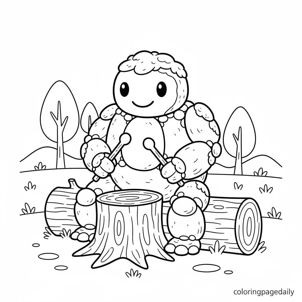 Pebble Golem Playing Drum - Daily printable coloring page in Kids - Mythical Creature category