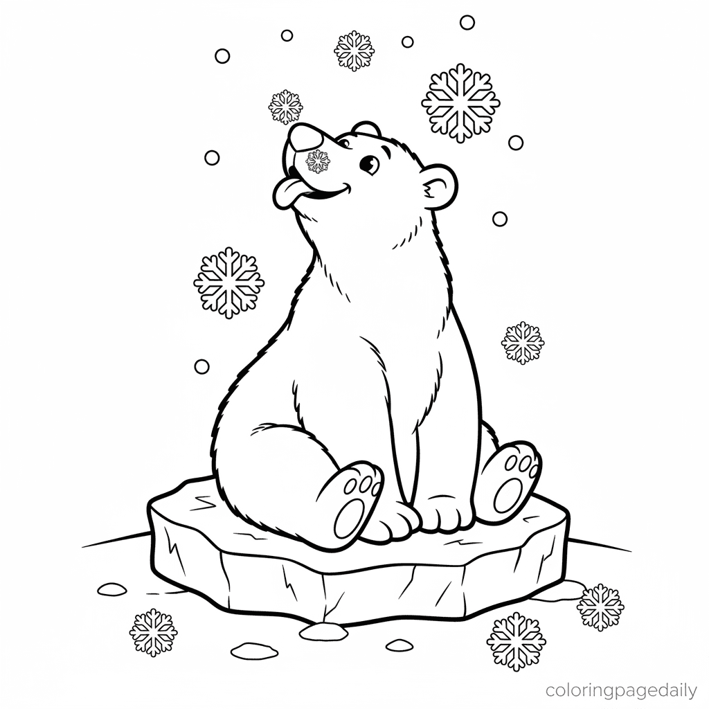 Polar Bear Catching Snowflakes - Daily printable coloring page in Kids - Winter and Snow Season category