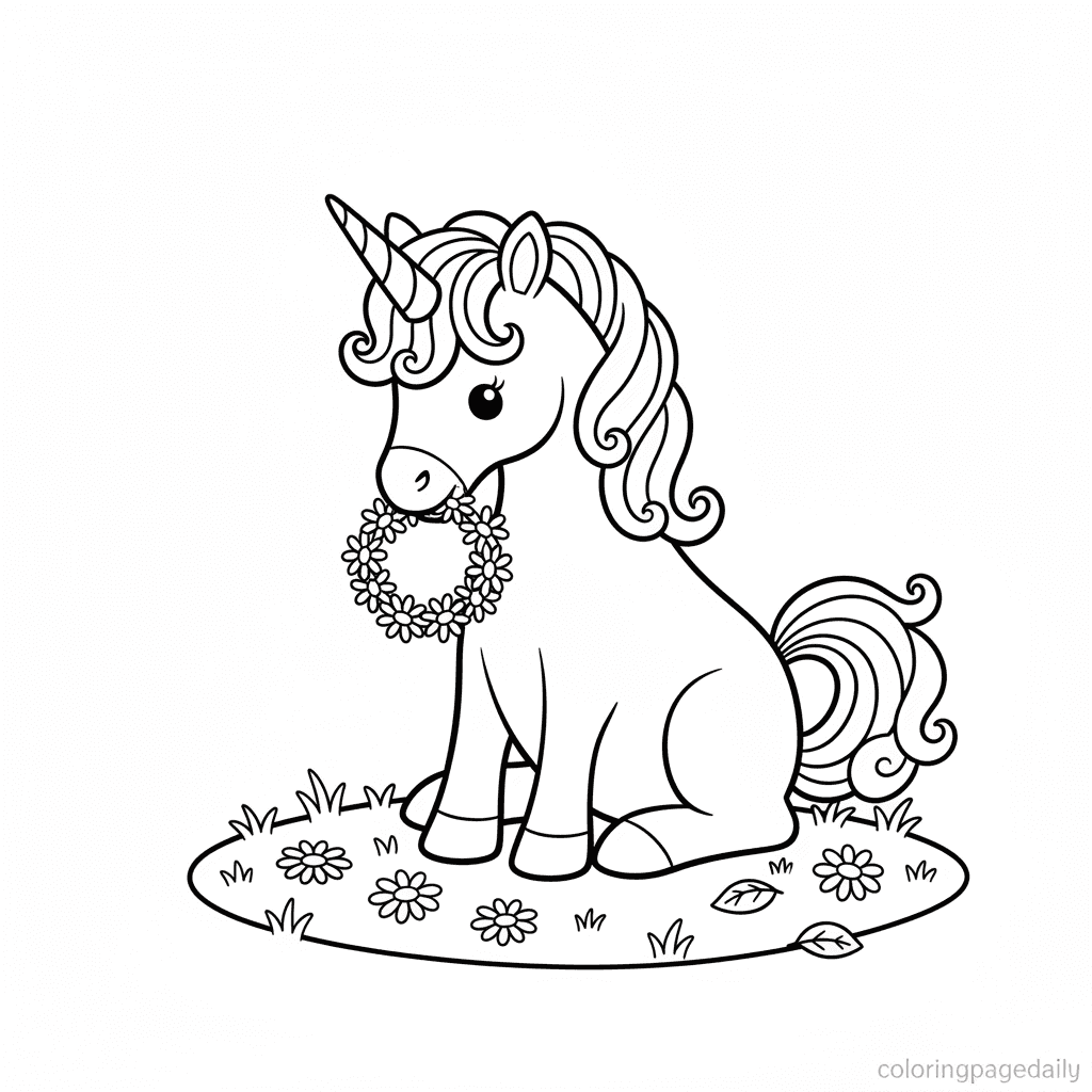 Unicorn Weaves a Flower Crown - Daily printable coloring page in Kids - Mythical Creature category