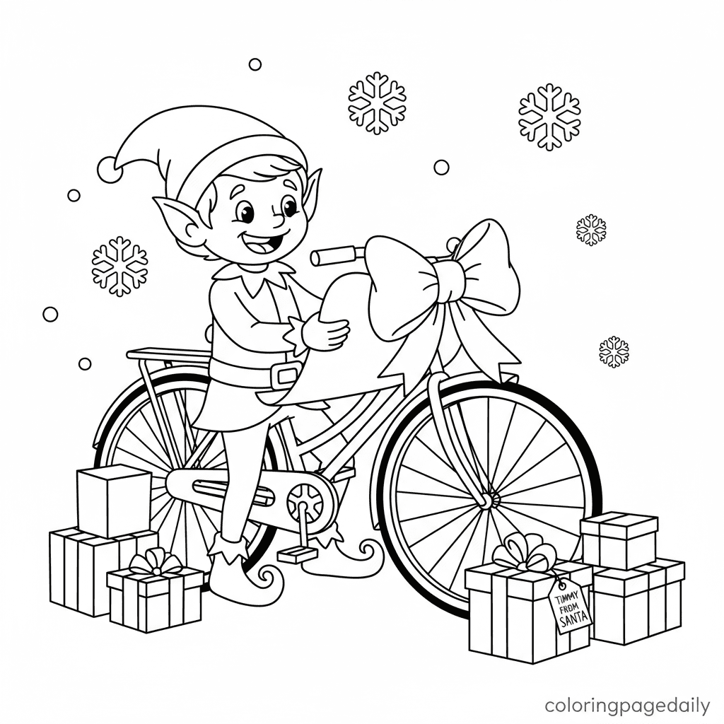 Elf Wraps a Big Bicycle - Daily printable coloring page in Kids - Christmas category