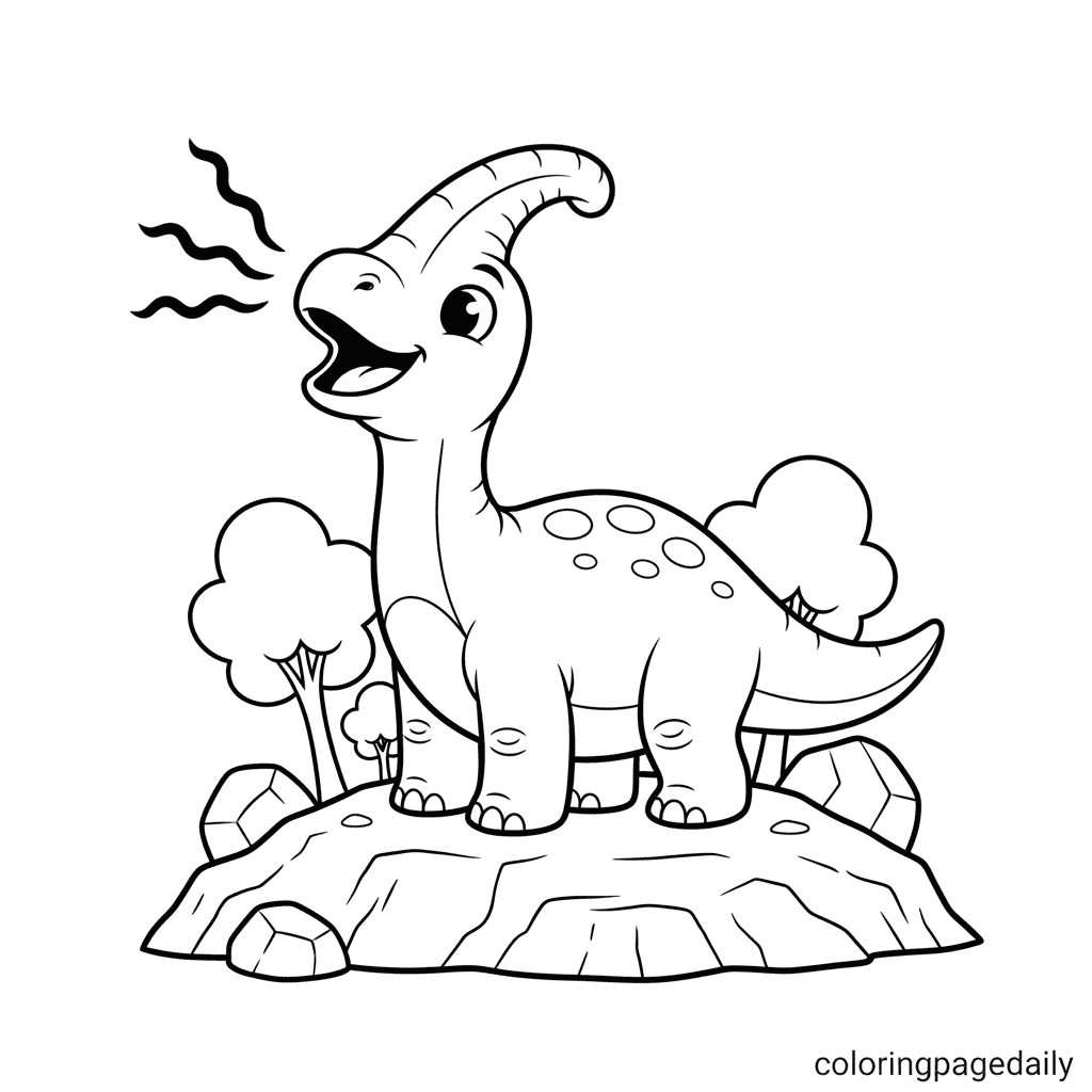 Parasaurolophus Calls Hello - Daily printable coloring page in Kids - Dinosaur category