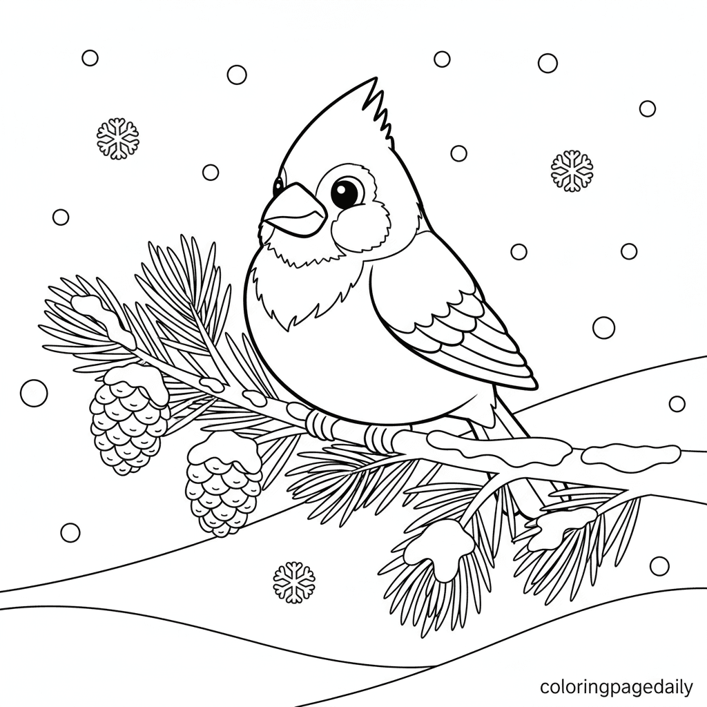 Cardinal on Snowy Branch - Daily printable coloring page in Kids - Winter and Snow Season category