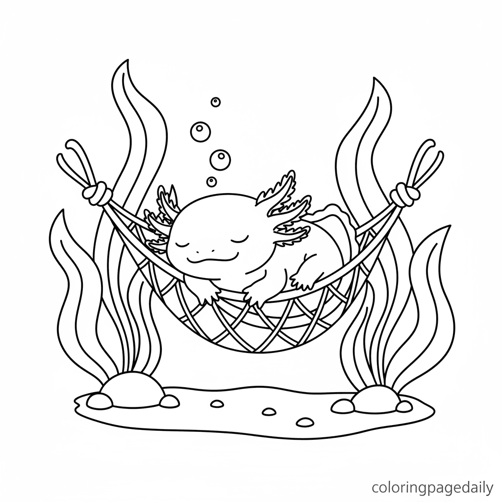 Axolotl Sleeping in Seaweed Hammock - Daily printable coloring page in Kids - Animals category