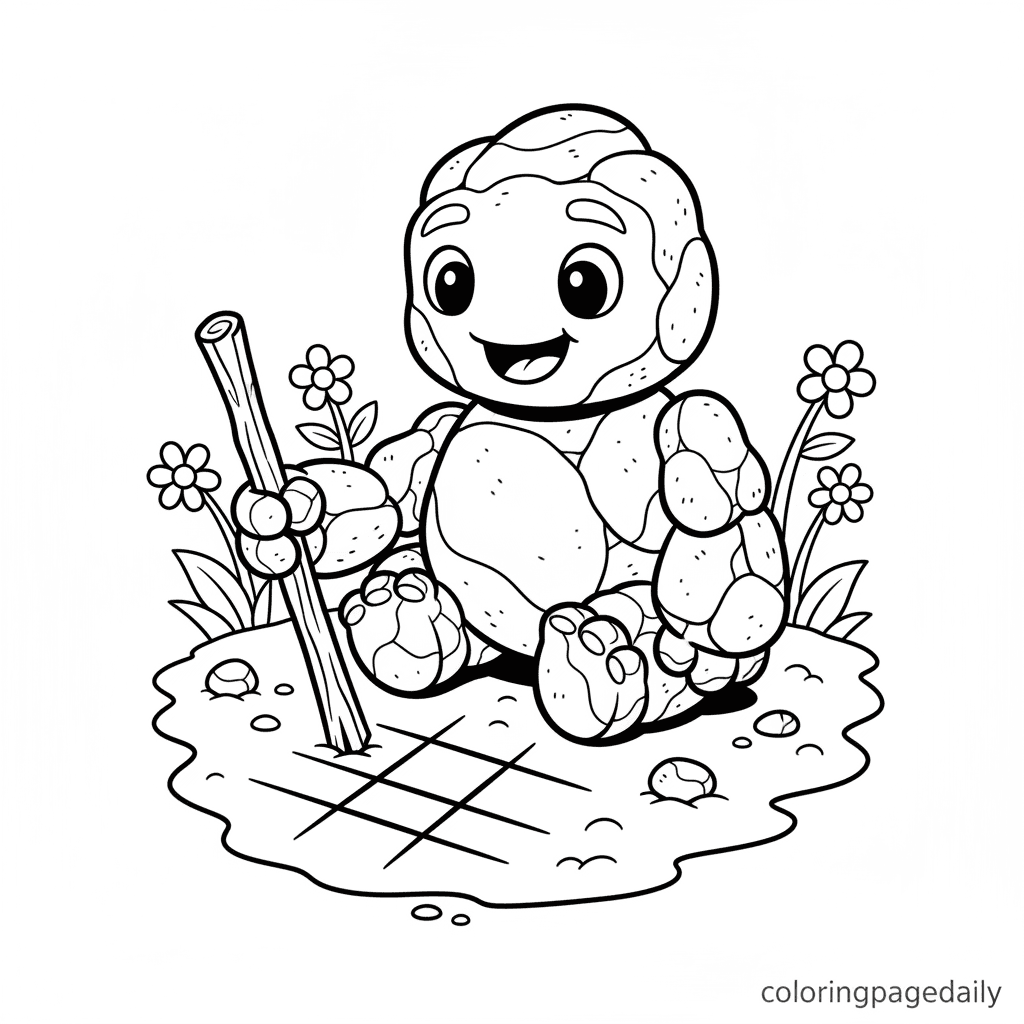 Pebble Golem Plays Tic-Tac-Toe - Daily printable coloring page in Kids - Mythical Creature category