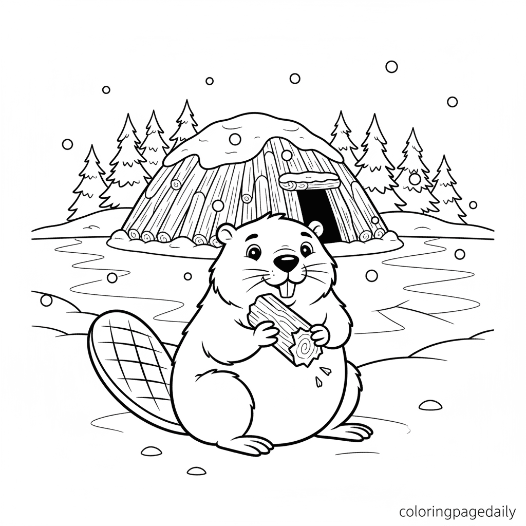 Beaver Chewing Winter Log - Daily printable coloring page in Kids - Winter and Snow Season category