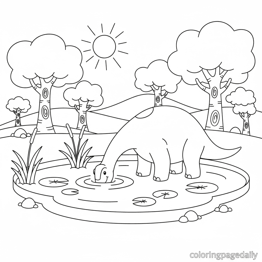 Diplodocus Drinking Water - Daily printable coloring page in Kids - Dinosaur category