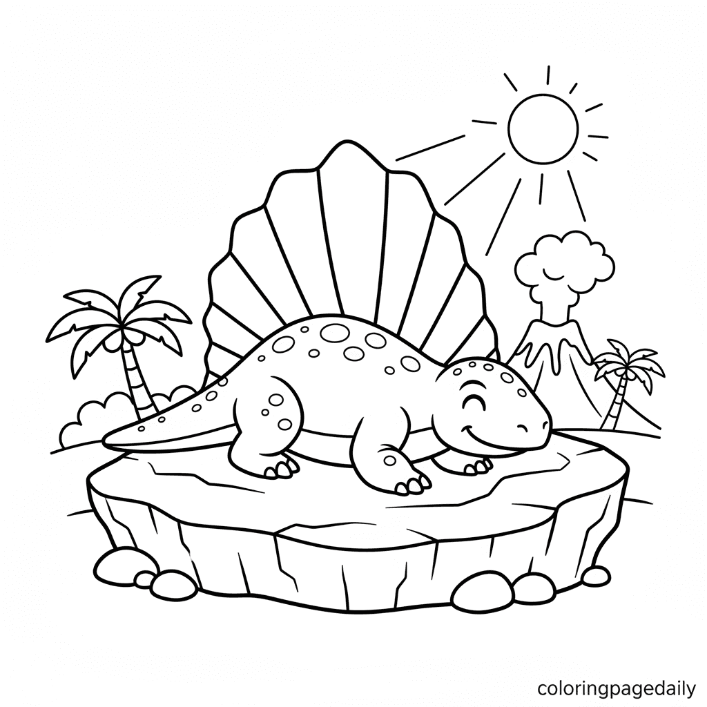 Dimetrodon Sunbathing Rock - Daily printable coloring page in Kids - Dinosaur category