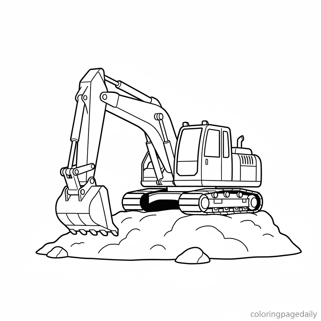 Excavator on Dirt Mound - Daily printable coloring page in Kids - Vehicle category