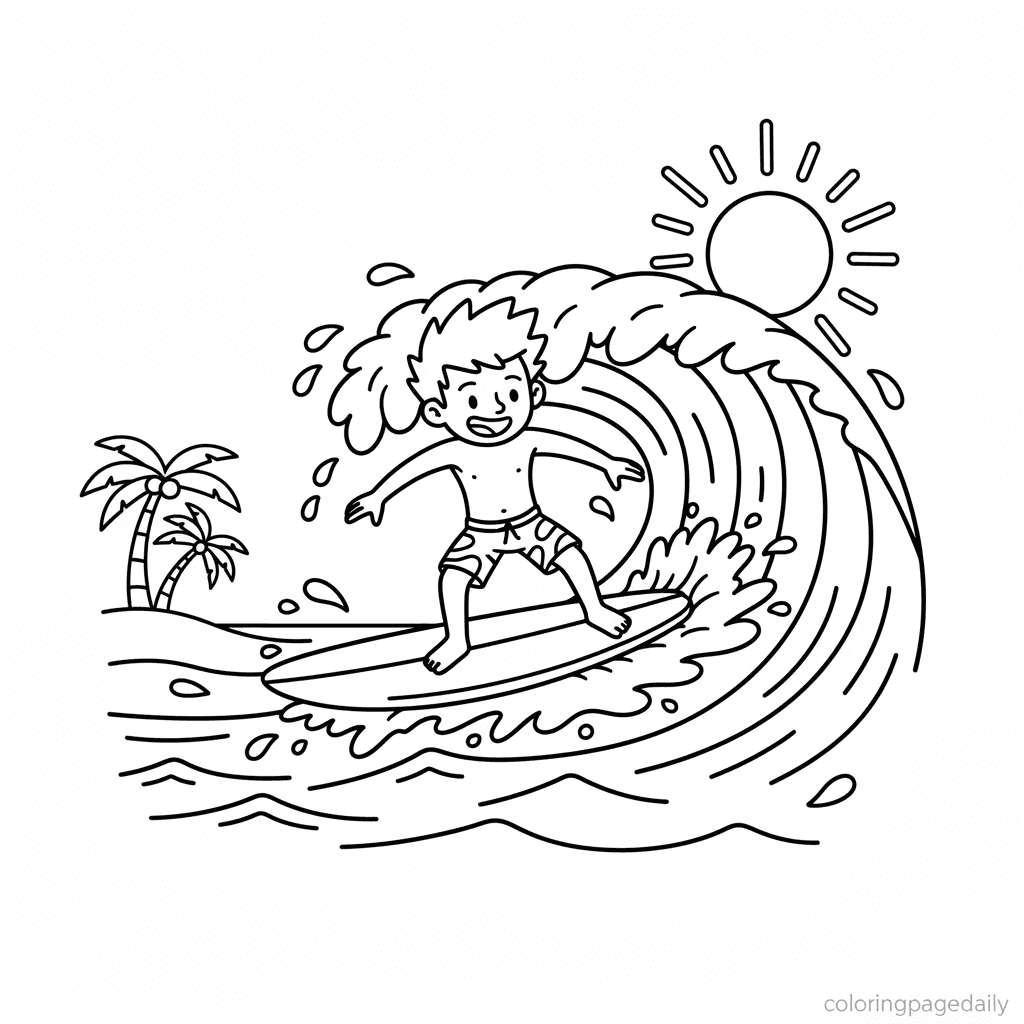 Surfer Riding Wave - Daily printable coloring page in Kids - Sports category
