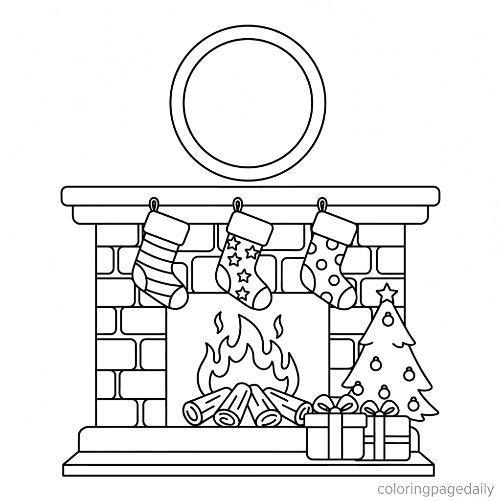 Cozy Christmas Fireplace - Daily printable coloring page in Kids - Christmas category